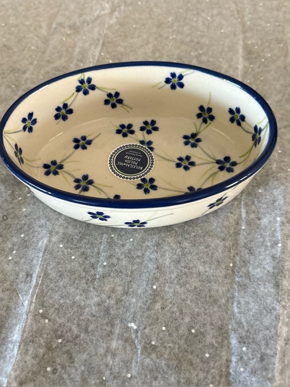 Boleslawiec Polish Pottery Oval Ramekin Bakers Dish Blue Spring Blossoms